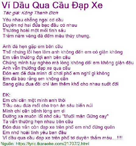 Xem Ví Dầu Qua Cầu Đạp Xe Của Anh Hoàng: Lời Bài Hát, Karaoke Và Các Bản Thể Hiện Xem Ví Dầu Qua Cầu Đạp Xe Của Anh Hoàng: Lời Bài Hát, Karaoke Và Các Bản Thể Hiện